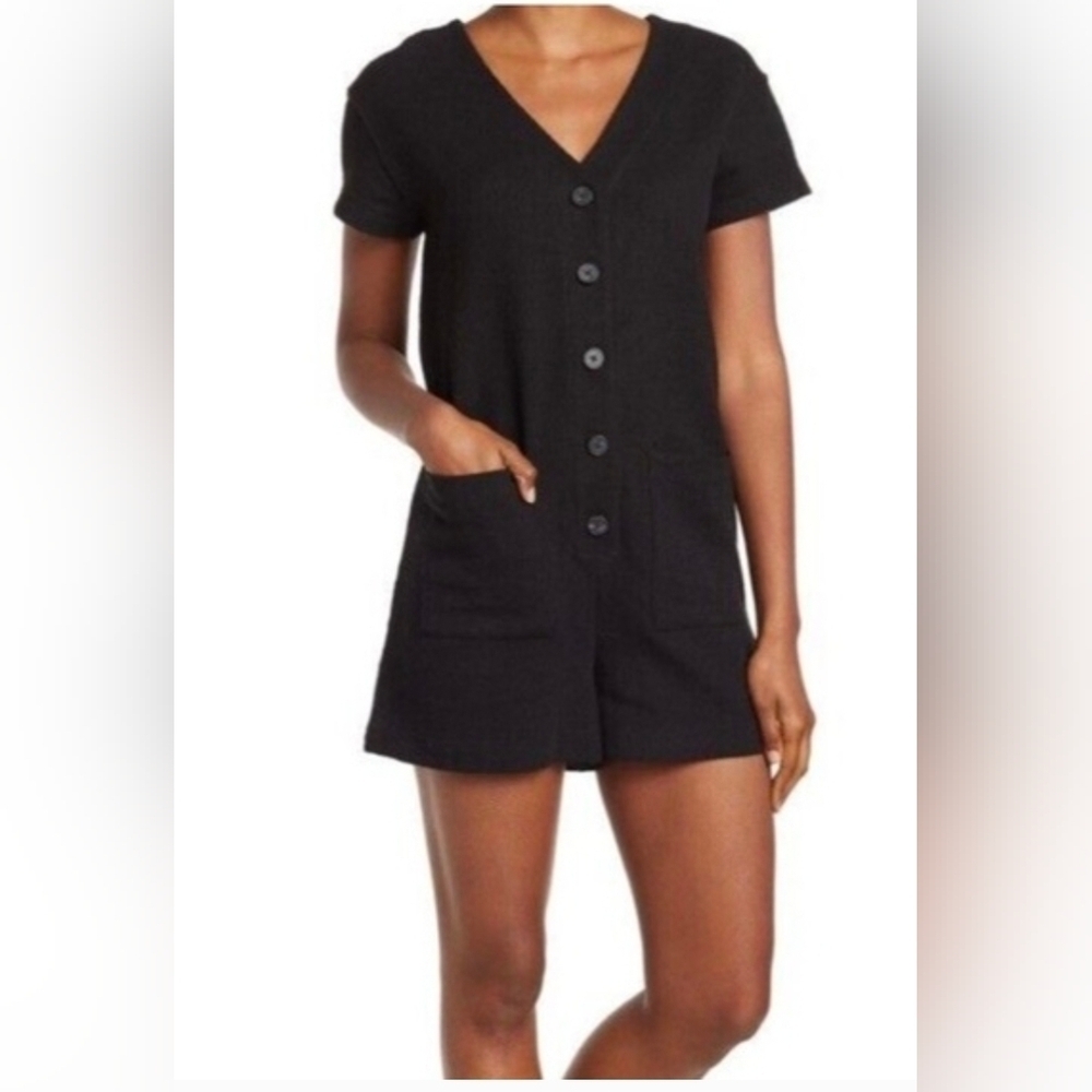 Madewell Black Short Sleeve Button Front Knit Romper Boho Leisure Beach Resort